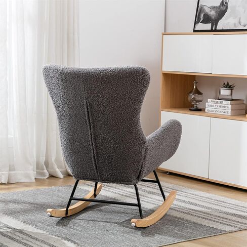 Modern Elegant Nursery Rocking Chair Faux Fur Teddy Fabric Glider Rocker with High Back Stylish Cozy Accent Armchair Living Room Lounge Rocking Chair Seat for Home Bedroom (Grey) in Saudi Arabia