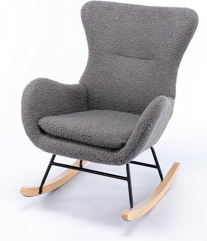 Modern Elegant Nursery Rocking Chair Faux Fur Teddy Fabric Glider Rocker with High Back Stylish Cozy Accent Armchair Living Room Lounge Rocking Chair Seat for Home Bedroom (Grey) in Saudi Arabia
