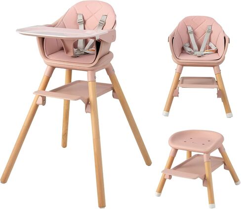 HONEY JOY Baby High Chair, 6 in 1 Convertible Wooden Highchair for Babies and Toddlers/Chair/Bar Stool, Removable Double Tray & Reversible Footrest, Safety Harness for Infant Boys Girls (Dark Gray) in Kuwait