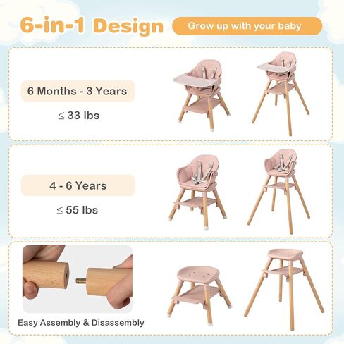 HONEY JOY Baby High Chair, 6 in 1 Convertible Wooden Highchair for Babies and Toddlers/Chair/Bar Stool, Removable Double Tray & Reversible Footrest, Safety Harness for Infant Boys Girls (Dark Gray) in Kuwait