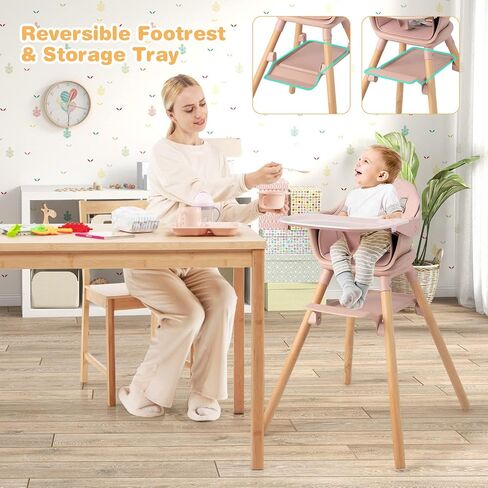 HONEY JOY Baby High Chair, 6 in 1 Convertible Wooden Highchair for Babies and Toddlers/Chair/Bar Stool, Removable Double Tray & Reversible Footrest, Safety Harness for Infant Boys Girls (Dark Gray) in Kuwait
