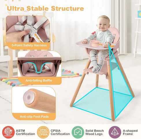 HONEY JOY Baby High Chair, 6 in 1 Convertible Wooden Highchair for Babies and Toddlers/Chair/Bar Stool, Removable Double Tray & Reversible Footrest, Safety Harness for Infant Boys Girls (Dark Gray) in Kuwait