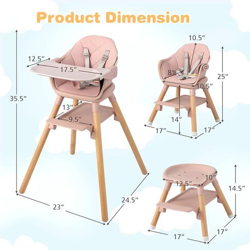 HONEY JOY Baby High Chair, 6 in 1 Convertible Wooden Highchair for Babies and Toddlers/Chair/Bar Stool, Removable Double Tray & Reversible Footrest, Safety Harness for Infant Boys Girls (Dark Gray) in Kuwait