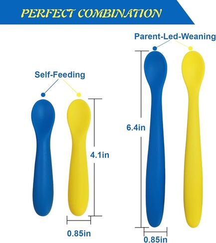 JUSONEY Silicone Baby Spoons-First Stage Baby Self Feeding Spoons 6+ Months,Shorter and Longer Infant Spoons Set for Parent and Self-Feeding,BPA Free Baby Led Weaning Spoons Training Spoon (4 Pack) in Kuwait