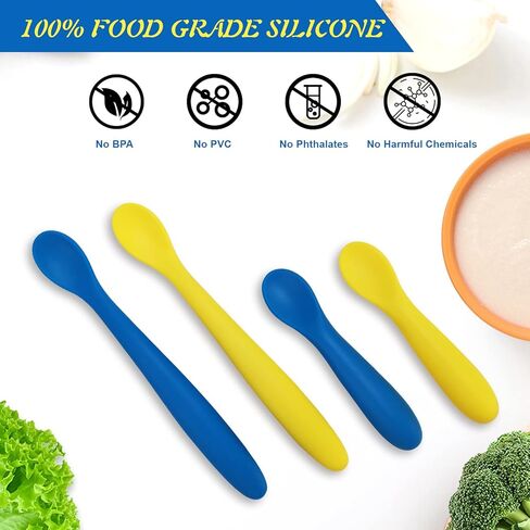 JUSONEY Silicone Baby Spoons-First Stage Baby Self Feeding Spoons 6+ Months,Shorter and Longer Infant Spoons Set for Parent and Self-Feeding,BPA Free Baby Led Weaning Spoons Training Spoon (4 Pack) in Kuwait