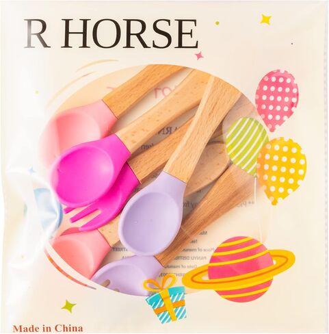 طقم شوك وملعقة سيليكون للأطفال من R HORSE مكون من 6 قطع مع مقبض من خشب الزان، مجموعة من السيليكون الوردي والأرجواني لإطعام الأطفال خالية من مادة BPA، مجموعة أدوات تدريب الطفل بقيادة الطفل مجموعة ملعقة الفطام للأطفال الصغار صبي فتاة in Saudi Arabia