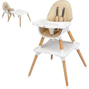 BABY JOY 6 in 1 High Chair, Convertible High Chairs for Babies and Toddlers/Booster Seat/Table and Chair Set, Infant Wooden Highchair w/ 5-Point Harness, 4-Position Removable Tray & PU Cushion (Khaki) in Kuwait