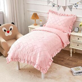 Toddler Bedding Set for Girls 4-Piece Beige Boho Tufted Toddler Comforter Set Jacquard Tufts Ruffle Fringe Bed-in-a-Bag Crib Toddler Bed Sheet Set with Comforter, Flat Sheet, Fitted Sheet, Pillowcase