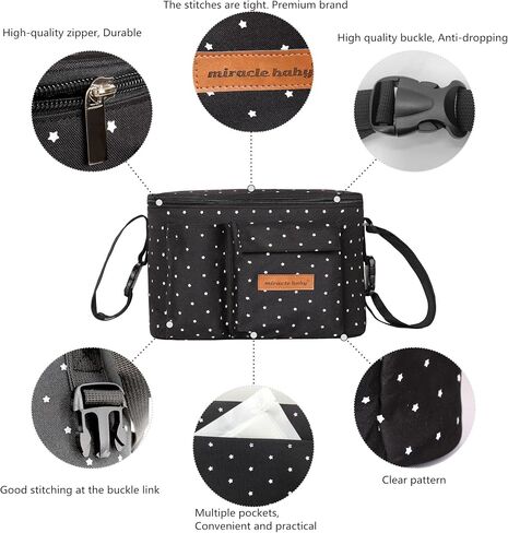 Miracle Baby Stroller Organizer Bag for Mom,Universal Stroller Storage Caddy Diaper Bag- Compatible with Most Stroller - Multifunctional Larg(Black) in Saudi Arabia