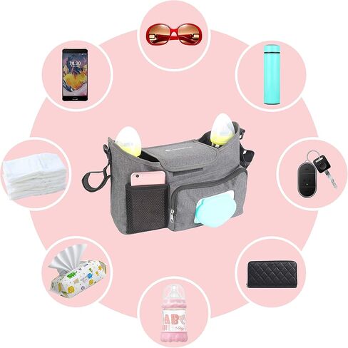 منظم عربة الأطفال من LittleXplorer: علبة الحفاضات - حاملات أكواب إضافية لعربة الأطفال - جيب موزع المناديل المبللة - وسادة تغيير الحفاضات وتخزين الألعاب - يمكن ربطها بعربة مفردة أو مزدوجة أو عربة الركض أو المظلة in Kuwait