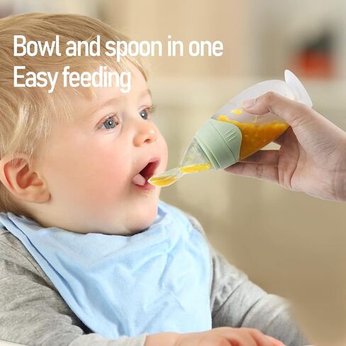 Baby Spoons, Silicone Baby Food Dispensing Spoon, Squeeze Feeding Spoon with Cartoon Dust Cover, 4 oz. (Blue) in Kuwait