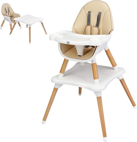 BABY JOY 6 in 1 High Chair, Convertible High Chairs for Babies and Toddlers/Booster Seat/Table and Chair Set, Infant Wooden Highchair w/ 5-Point Harness, 4-Position Removable Tray & PU Cushion (Khaki) in Saudi Arabia