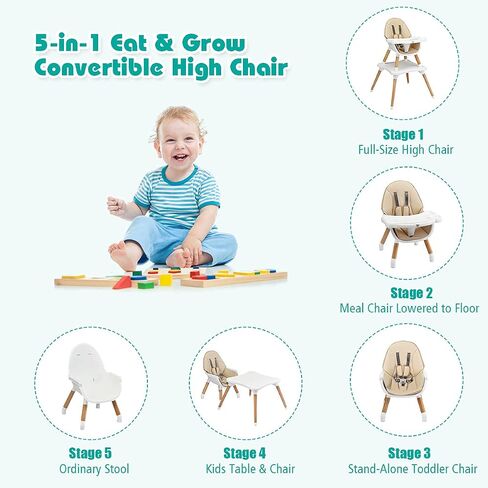 BABY JOY 6 in 1 High Chair, Convertible High Chairs for Babies and Toddlers/Booster Seat/Table and Chair Set, Infant Wooden Highchair w/ 5-Point Harness, 4-Position Removable Tray & PU Cushion (Khaki) in Saudi Arabia