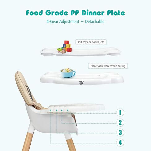 BABY JOY 6 in 1 High Chair, Convertible High Chairs for Babies and Toddlers/Booster Seat/Table and Chair Set, Infant Wooden Highchair w/ 5-Point Harness, 4-Position Removable Tray & PU Cushion (Khaki) in Saudi Arabia