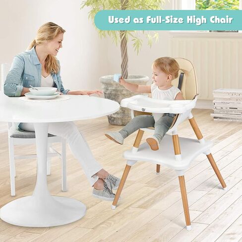 BABY JOY 6 in 1 High Chair, Convertible High Chairs for Babies and Toddlers/Booster Seat/Table and Chair Set, Infant Wooden Highchair w/ 5-Point Harness, 4-Position Removable Tray & PU Cushion (Khaki) in Saudi Arabia