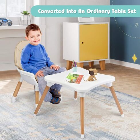 BABY JOY 6 in 1 High Chair, Convertible High Chairs for Babies and Toddlers/Booster Seat/Table and Chair Set, Infant Wooden Highchair w/ 5-Point Harness, 4-Position Removable Tray & PU Cushion (Khaki) in Saudi Arabia