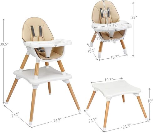 BABY JOY 6 in 1 High Chair, Convertible High Chairs for Babies and Toddlers/Booster Seat/Table and Chair Set, Infant Wooden Highchair w/ 5-Point Harness, 4-Position Removable Tray & PU Cushion (Khaki) in Saudi Arabia