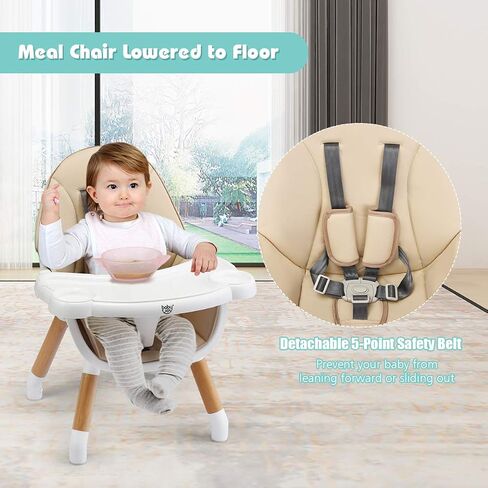 BABY JOY 6 in 1 High Chair, Convertible High Chairs for Babies and Toddlers/Booster Seat/Table and Chair Set, Infant Wooden Highchair w/ 5-Point Harness, 4-Position Removable Tray & PU Cushion (Khaki) in Saudi Arabia