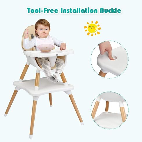BABY JOY 6 in 1 High Chair, Convertible High Chairs for Babies and Toddlers/Booster Seat/Table and Chair Set, Infant Wooden Highchair w/ 5-Point Harness, 4-Position Removable Tray & PU Cushion (Khaki) in Saudi Arabia