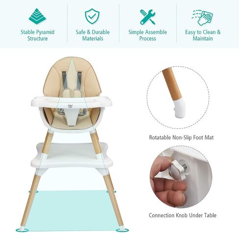 BABY JOY 6 in 1 High Chair, Convertible High Chairs for Babies and Toddlers/Booster Seat/Table and Chair Set, Infant Wooden Highchair w/ 5-Point Harness, 4-Position Removable Tray & PU Cushion (Khaki) in Saudi Arabia