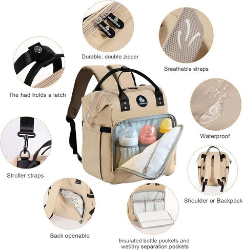 LOVOMAMMA Diaper Bag Backpack: Tote Diaper Bag with Insulated Pockets for Boy and Girl, Baby Bag for Dad Mom and Babes on Travel, Shopping Beige in Kuwait