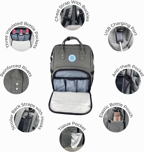 Hydrangea Island Trading Co Baby Diaper Backpack | Large Diaper Bag with Insulated Pockets, Stroller Straps, Laptop Pocket, Charging Station, Waterproof and Changing Pad | Essential Travel Diaper Bag in Kuwait