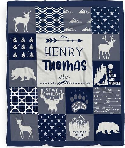 Custom Blue Woodland Blanket for Boys Girls, Wild Animals Personalized Throw Blanket Gifts for Baby Cow Nursery Swaddling Blankets Deer Customized Toddler Blankets for Stroller Kids 40x30In in Kuwait