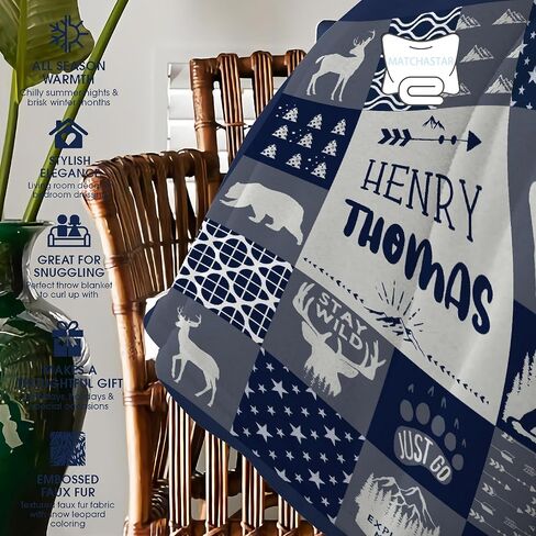 Custom Blue Woodland Blanket for Boys Girls, Wild Animals Personalized Throw Blanket Gifts for Baby Cow Nursery Swaddling Blankets Deer Customized Toddler Blankets for Stroller Kids 40x30In in Kuwait
