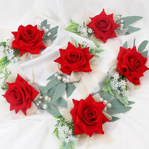 Set of 6 Boutonnieres - Wedding Artificial Rose Boutonniere for Men Groom Groomsmen Boutonnieres for Party Prom Decorations - Burgundy in Saudi Arabia