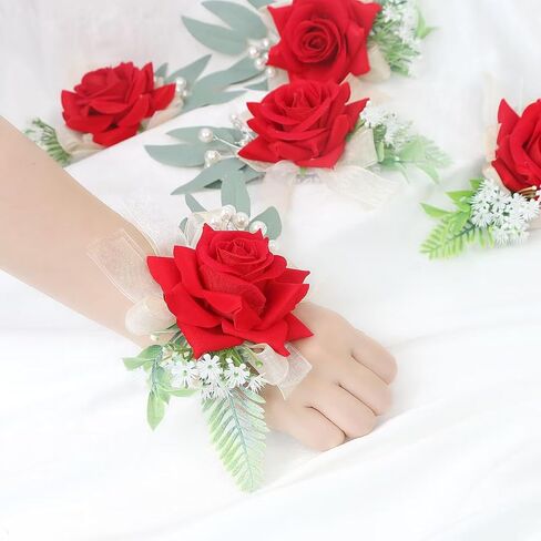 Set of 6 Boutonnieres - Wedding Artificial Rose Boutonniere for Men Groom Groomsmen Boutonnieres for Party Prom Decorations - Burgundy in Saudi Arabia