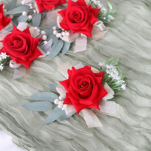 Set of 6 Boutonnieres - Wedding Artificial Rose Boutonniere for Men Groom Groomsmen Boutonnieres for Party Prom Decorations - Burgundy in Saudi Arabia