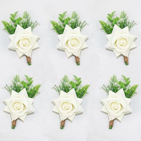 Set of 6 Boutonnieres - Wedding Artificial Rose Boutonniere for Men Groom Groomsmen Boutonnieres for Party Prom Decorations - Burgundy in Saudi Arabia