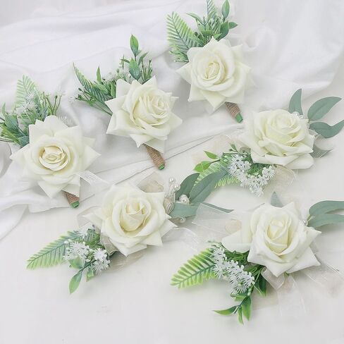Set of 6 Boutonnieres - Wedding Artificial Rose Boutonniere for Men Groom Groomsmen Boutonnieres for Party Prom Decorations - Burgundy in Saudi Arabia
