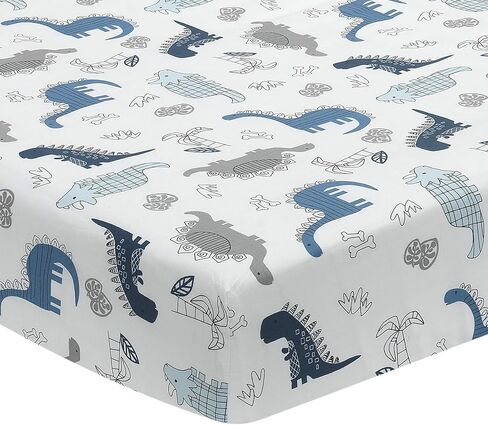 Lambs & Ivy Baby Dino 100% Cotton Blue/White/Gray Dinosaur Fitted Crib Sheet in Kuwait