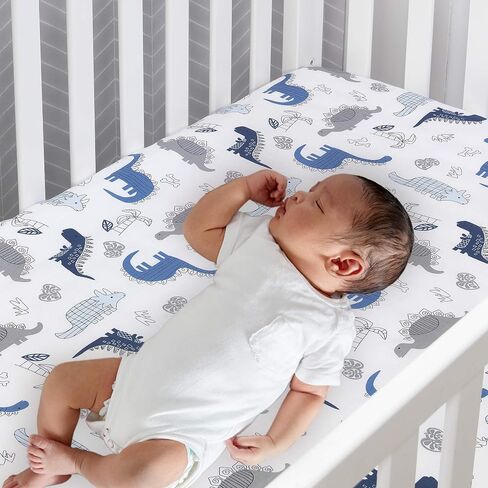 Lambs & Ivy Baby Dino 100% Cotton Blue/White/Gray Dinosaur Fitted Crib Sheet in Kuwait