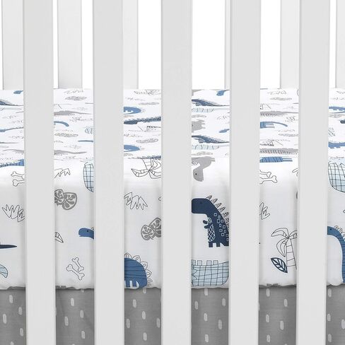 Lambs & Ivy Baby Dino 100% Cotton Blue/White/Gray Dinosaur Fitted Crib Sheet in Kuwait