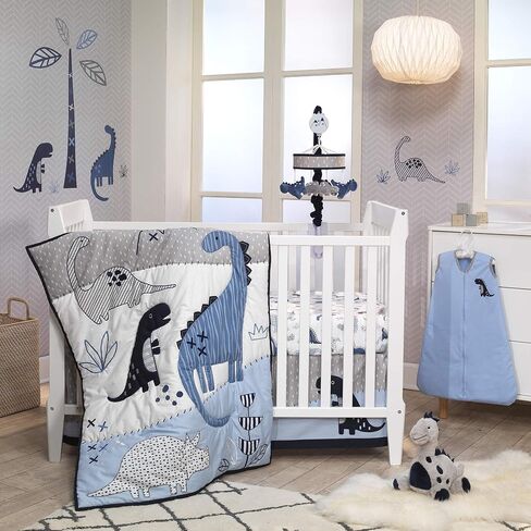 Lambs & Ivy Baby Dino 100% Cotton Blue/White/Gray Dinosaur Fitted Crib Sheet in Kuwait