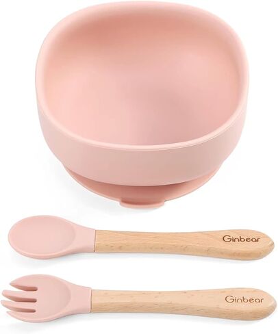 أوعية شفط جينبير للفتيات الصغيرات، ملعقة وشوكة فطام LED للأطفال، مجموعة أطباق وأواني للأطفال الصغار، مجموعة تغذية الأطفال من السيليكون من 6 إلى 12 شهرًا (وردي فاتح) in Kuwait