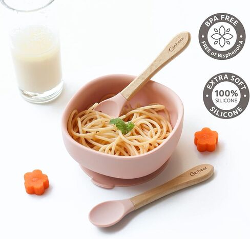 أوعية شفط جينبير للفتيات الصغيرات، ملعقة وشوكة فطام LED للأطفال، مجموعة أطباق وأواني للأطفال الصغار، مجموعة تغذية الأطفال من السيليكون من 6 إلى 12 شهرًا (وردي فاتح) in Kuwait