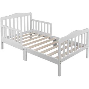 Volowoo Bed Frame for Girls & Boys, Classic Wood Bed Frame w/Safety Guardrail, Low to Floor Design, Wooden Slat Support, Fits Full Size Crib Mattress, Bedroom Furniture for Boys & Girls (White) in Kuwait