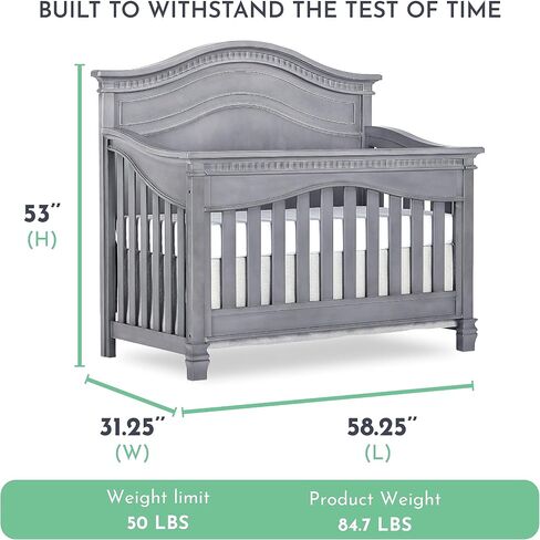 Evolur Cheyenne 5 in 1 Full Panel Convertible Crib, Antique Grey Mist, 58x31x52 Inch (Pack of 1) in Saudi Arabia