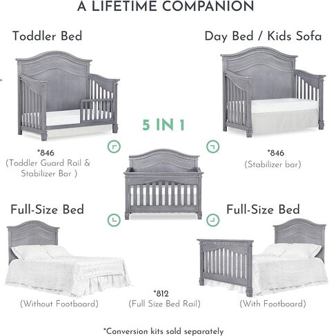 Evolur Cheyenne 5 in 1 Full Panel Convertible Crib, Antique Grey Mist, 58x31x52 Inch (Pack of 1) in Saudi Arabia