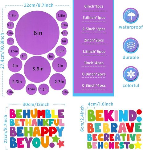 332 قطعة بولكا دوت الجدار ملصق قوس قزح ملون ملهم دائرة جدار صائق عبارات تحفيزية ملصق رسالة ملصق كن شاكرًا، كن شجاعًا لصفوف الصف الحضانة اللعب المدرسة in Kuwait