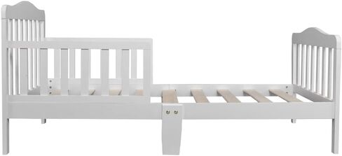 Volowoo Bed Frame for Girls & Boys, Classic Wood Bed Frame w/Safety Guardrail, Low to Floor Design, Wooden Slat Support, Fits Full Size Crib Mattress, Bedroom Furniture for Boys & Girls (White) in Kuwait