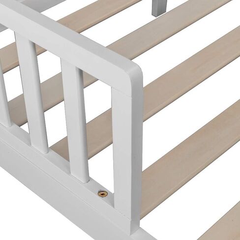 Volowoo Bed Frame for Girls & Boys, Classic Wood Bed Frame w/Safety Guardrail, Low to Floor Design, Wooden Slat Support, Fits Full Size Crib Mattress, Bedroom Furniture for Boys & Girls (White) in Kuwait
