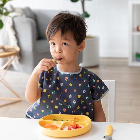 Bumkins Short Sleeve Bib for Girl or Boy, Toddler and Kids for 1-3 Years, Large Size, Essential Must Have for Junior Children, Eating, Mess Saving Soft Fabric Apron for Play, Charcoal Check in Saudi Arabia