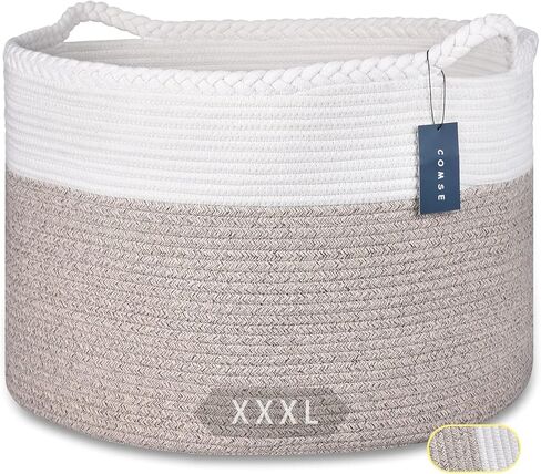 COMSE Extra Large Blanket Basket, Storage Basket, Woven Laundry Basket, 21.7"x 13.8", Cotton Rope Basket, XXXL Laundry hamper, Toy Basket, Woven Basket, Clothes Baskets, Black/Camel in Kuwait