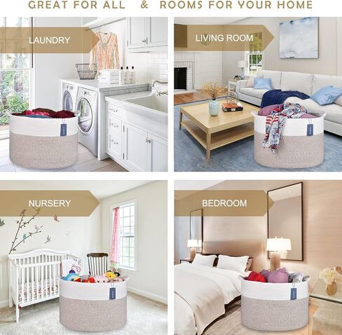 COMSE Extra Large Blanket Basket, Storage Basket, Woven Laundry Basket, 21.7"x 13.8", Cotton Rope Basket, XXXL Laundry hamper, Toy Basket, Woven Basket, Clothes Baskets, Black/Camel in Kuwait