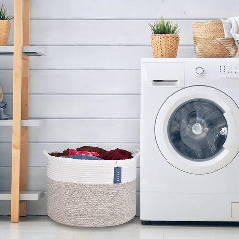 COMSE Extra Large Blanket Basket, Storage Basket, Woven Laundry Basket, 21.7"x 13.8", Cotton Rope Basket, XXXL Laundry hamper, Toy Basket, Woven Basket, Clothes Baskets, Black/Camel in Kuwait