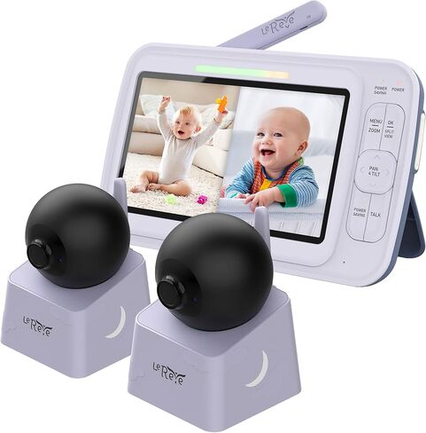 LEREVE 5" HD Low EMF Baby Monitor, Auto Noise Reduce, 2 Remote Pan Tilt Cameras, Lullaby, 2-Way Audio, ECO with Auto Voice Activation, Model: LeMove 60 in Kuwait